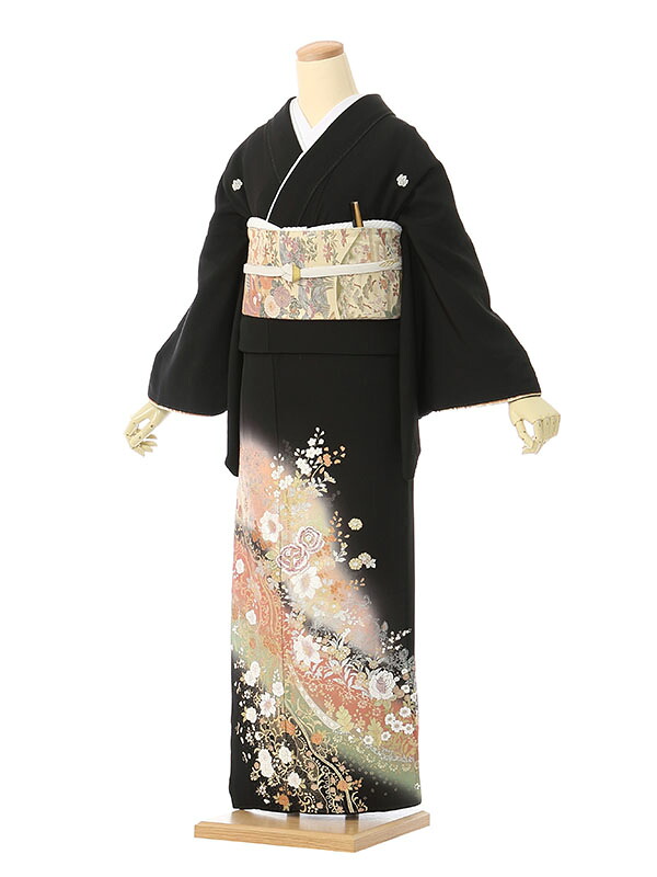 【レンタル】留袖 レンタル フルセット Mサイズ 155cm～158cm 13号まで 黒留袖 レンタル 50代 60代 末広付 結婚式 母親 和服 列席 親族 着物 送料無料 新品足袋プレゼント 小物一式付 草履バッグセット付 五つ紋 五三桐 結婚式 正装 和服 お値打ち 仲人 4A1208｜e-きものレンタル　店