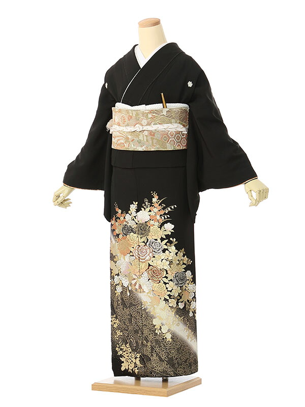 【レンタル】留袖 レンタル フルセット Mサイズ 155cm～158cm 13号まで 黒留袖 レンタル 50代 60代 末広付 結婚式 母親 和服 列席 親族 着物 送料無料 新品足袋プレゼント 小物一式付 草履バッグセット付 五つ紋 五三桐 結婚式 正装 和服 お値打ち 仲人 4A1210