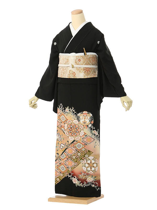 【レンタル】留袖 レンタル フルセット Mサイズ 150cm～159cm 13号まで 黒留袖 レンタル 50代 60代 末広付 結婚式 母親 和服 列席 親族 着物 送料無料 新品足袋プレゼント 小物一式付 草履バッグセット付 五つ紋 五三桐 結婚式 正装 和服 お値打ち 仲人 4A1228 19,800円