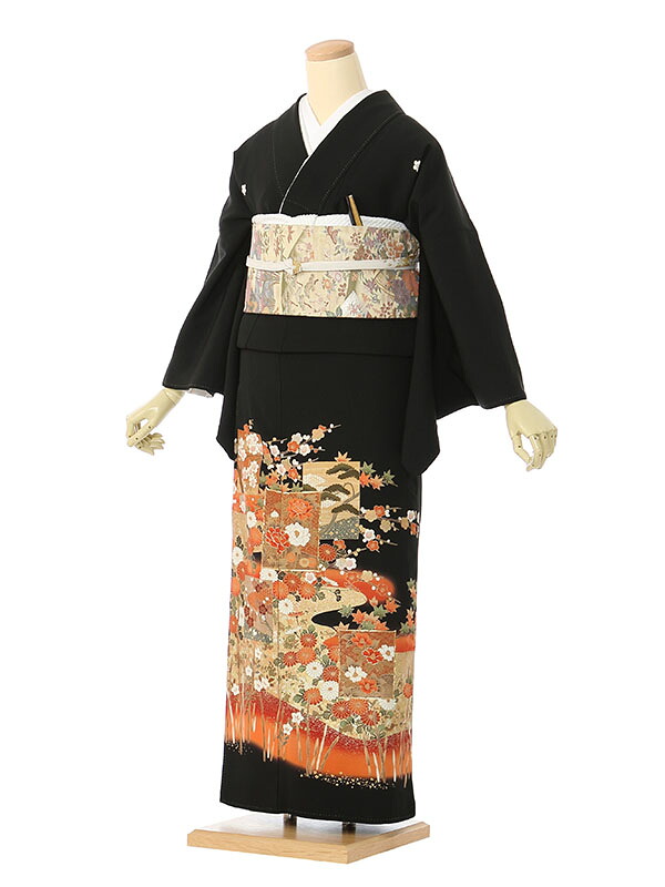【レンタル】留袖 レンタル フルセット LLサイズ 145cm～155cm 15～19号 黒留袖 レンタル 50代 60代 末広付 結婚式 母親 和服 列席 親族 着物 送料無料 新品足袋プレゼント 小物一式付 草履バッグセット付 五つ紋 五三桐 結婚式 正装 和服 お値打ち 仲人 8A469｜e-きものレンタル　店