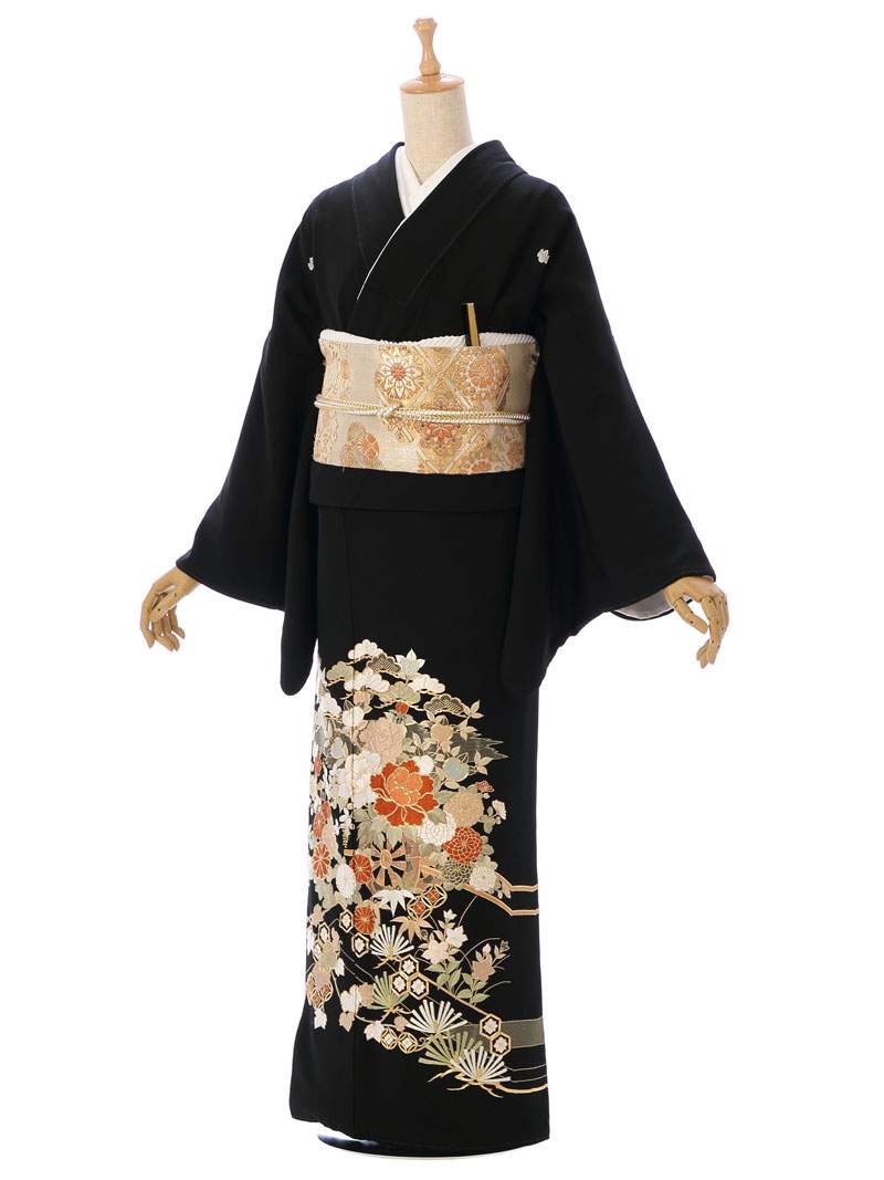 【レンタル】 留袖レンタルフルセット 正絹 LLサイズ 155cm～163cm 大きいサイズ 黒留袖 レンタル 結婚式 母親 和服 列席 親族 留袖 伯母 留袖 送料無料 新品足袋プレゼント 小物一式つき 結婚式 正装 和服 8MT-001
