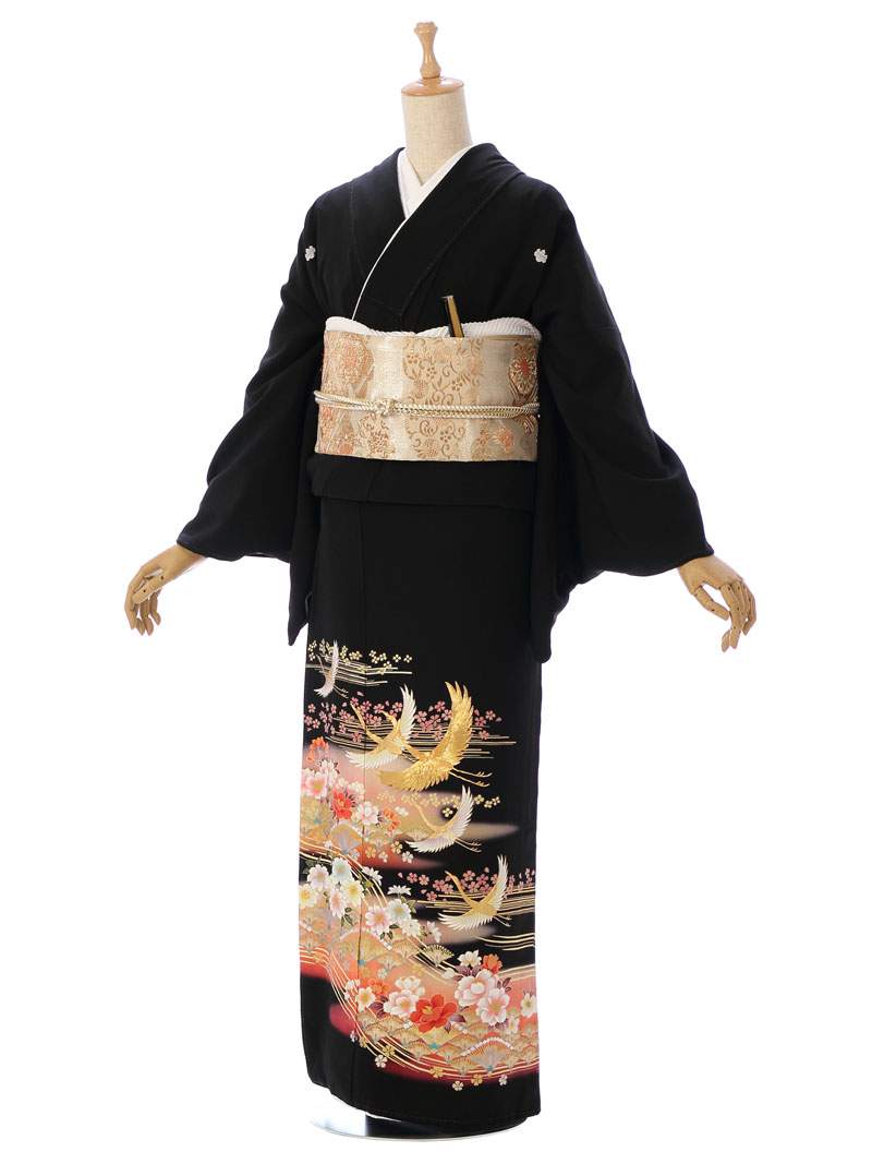 【レンタル】 留袖レンタルフルセット 高品質 超巾広サイズ 正絹 155cm～165cm 17号～23号 黒留袖 レンタル 結婚式 母親 和服 列席 親族 留袖 伯母 留袖 送料無料 新品足袋プレゼント 小物一式つき 結婚式 正装 和服 8MT-003