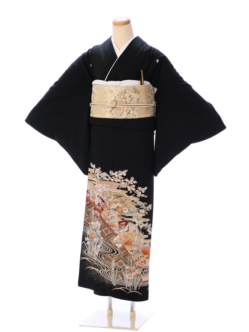 【レンタル】 留袖レンタルフルセット 黒留袖 レンタル 153cm～158cm 13号 結婚式 母親 和服 列席 親族 留袖 送料無料 新品足袋プレゼント 小物一式つき 五つ紋 五三桐 結婚式 正装 和服 4A1148