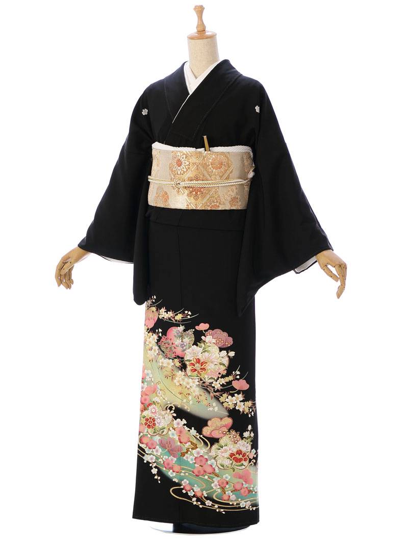 【レンタル】 留袖レンタルフルセット 正絹 Ｍサイズ 黒留袖 レンタル 結婚式 母親 和服 列席 親族 留袖 150cm～160cm 13号 送料無料 新品足袋プレゼント 小物一式つき 結婚式 正装 和服 MT-006｜e-きものレンタル　店