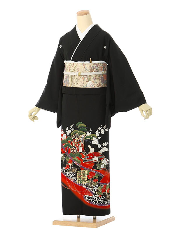 【レンタル】留袖 レンタル フルセット Mサイズ 155cm～160cm 13号まで 黒留袖 レンタル 30代 40代 50代 末広付 結婚式 母親 和服 列席 親族 着物 送料無料 新品足袋プレゼント 小物一式付 草履バッグセット付 五つ紋 五三桐 結婚式 正装 和服 お値打ち 仲人 4A1088