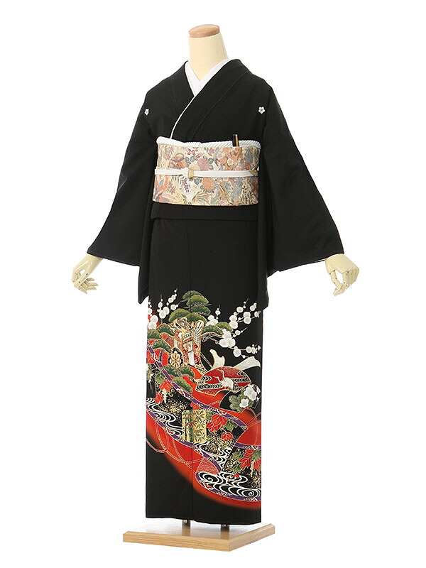 【レンタル】留袖 レンタル フルセット Mサイズ 150cm～159cm 13号まで 黒留袖 レンタル 30代 40代 末広付 結婚式 母親 和服 列席 親族 着物 送料無料 新品足袋プレゼント 小物一式付 草履バッグセット付 五つ紋 五三桐 結婚式 正装 和服 お値打ち 仲人 4K441