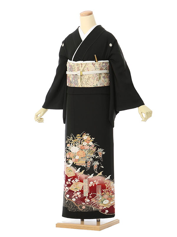 【レンタル】留袖 レンタル フルセット Mサイズ 150cm～158cm 13号まで 黒留袖 レンタル 40代 50代 末広付 結婚式 母親 和服 列席 親族 着物 送料無料 新品足袋プレゼント 小物一式付 草履バッグセット付 五つ紋 五三桐 結婚式 正装 和服 お値打ち 仲人 4K450
