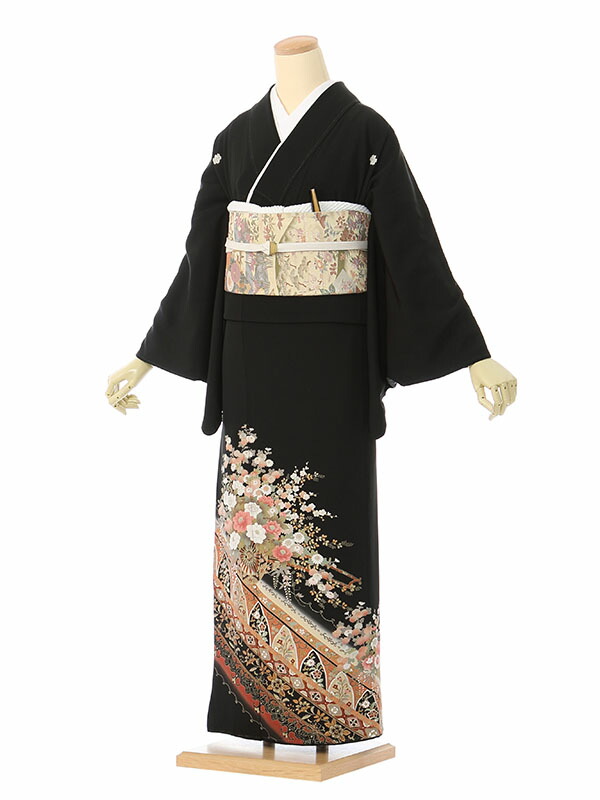 【レンタル】留袖 レンタル フルセット Mサイズ 150cm～160cm 13号まで 黒留袖 レンタル 50代 60代 末広付 結婚式 母親 和服 列席 親族 着物 送料無料 新品足袋プレゼント 小物一式付 草履バッグセット付 五つ紋 五三桐 結婚式 正装 和服 お値打ち 仲人 4K451