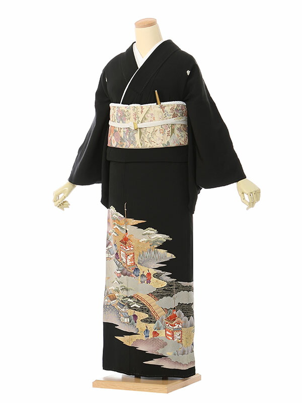 【レンタル】留袖 レンタル フルセット Lサイズ 150cm~151cm 13号~17号 黒留袖 レンタル 60代 70代 末広付 結婚式 母親 和服 列席 親族 着物 送料無料 新品足袋プレゼント 小物一式付 草履バッグセット付 五つ紋 五三桐 結婚式 正装 和服 お値打ち 仲人 78A009|e-きものレンタル 店