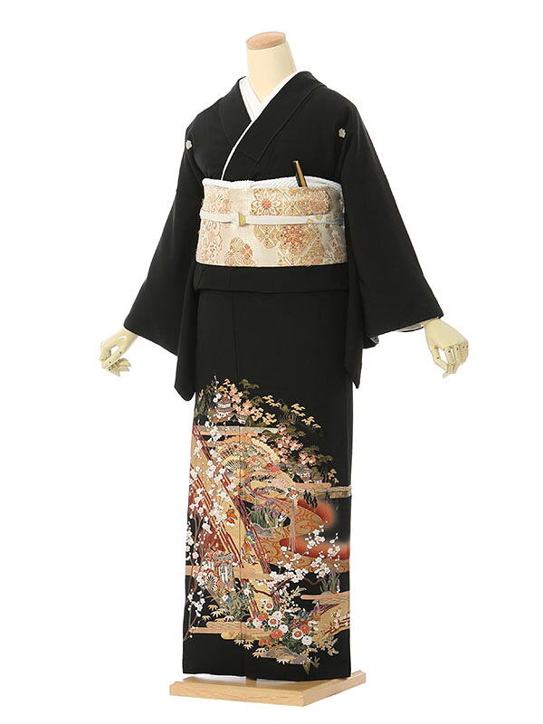 【レンタル】留袖 レンタル フルセット Lサイズ 150cm～158cm 13号～17号 黒留袖 レンタル 50代 60代 末広付 結婚式 母親 和服 列席 親族 着物 送料無料 新品足袋プレゼント 小物一式付 草履バッグセット付 五つ紋 五三桐 結婚式 正装 和服 お値打ち 仲人 78A034