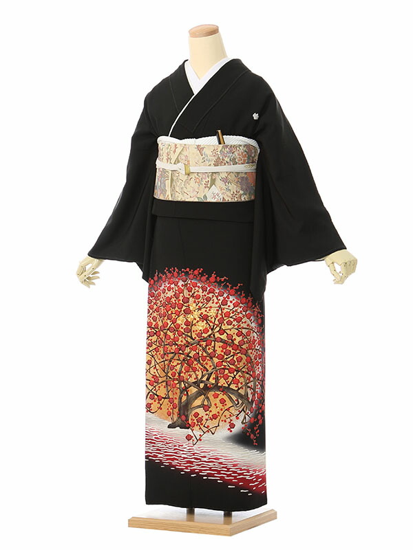 【レンタル】留袖 レンタル フルセット Mサイズ 150cm～157cm 13号まで 黒留袖 レンタル 50代 60代 扇子 末広付 結婚式 母親 和服 列席 親族 着物 送料無料 新品足袋プレゼント 小物一式 草履バッグセット付 五つ紋 五三桐 結婚式 正装 和服 お値打ち 仲人 4A1173｜e-きものレンタル　店