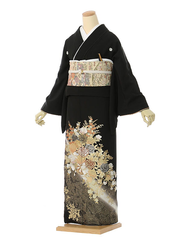 【レンタル】留袖 レンタル フルセット Mサイズ 155cm～159cm 13号まで 黒留袖 レンタル40代 50代 60代 末広付 結婚式 母親 和服 列席 親族 着物 送料無料 新品足袋プレゼント 小物一式付 草履バッグセット付 五つ紋 五三桐 結婚式 正装 和服 お値打ち 仲人 4A1209