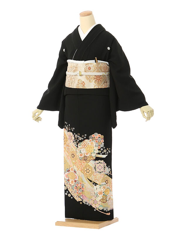 【レンタル】留袖 レンタル フルセット Mサイズ 155cm～156cm 13号まで 黒留袖 レンタル 40代 50代 末広付 結婚式 母親 和服 列席 親族 着物 送料無料 新品足袋プレゼント 小物一式付 草履バッグセット付 五つ紋 五三桐 結婚式 正装 和服 お値打ち 仲人 YP-2014