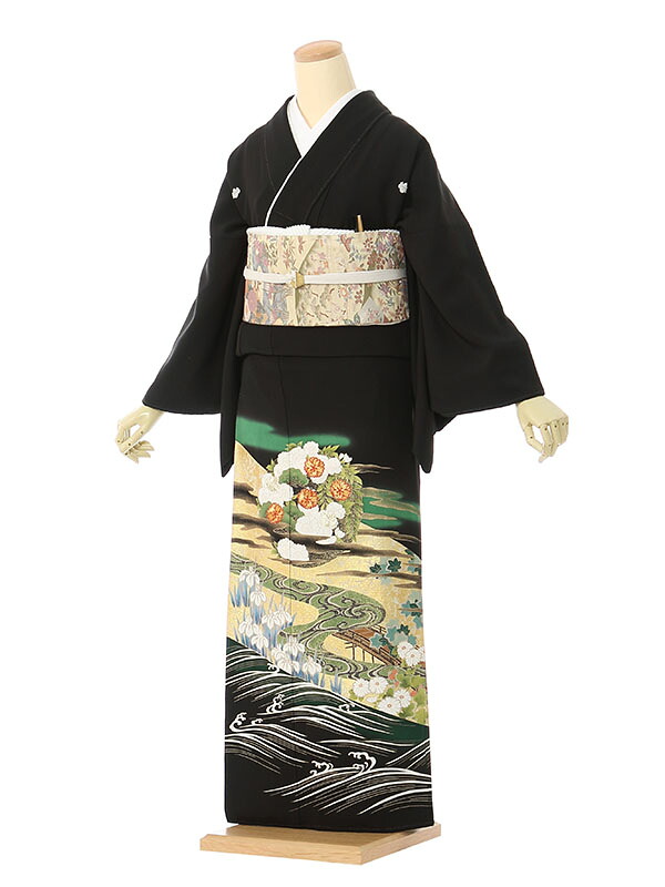 【レンタル】留袖 レンタル フルセット Mサイズ 155cm～162cm 13号まで 黒留袖 レンタル 40代 50代 60代 末広付 結婚式 母親 和服 列席 親族 着物 送料無料 新品足袋プレゼント 小物一式付 草履バッグセット付 五つ紋 五三桐 結婚式 正装 和服 お値打ち 仲人 MP-0010