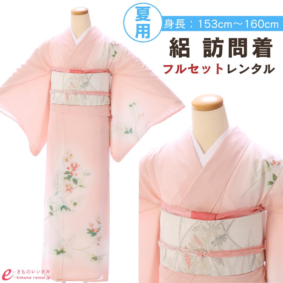 【レンタル】 訪問着 付下げ 絽 夏用 レンタル フルセット 入園式 入学式 卒業式 七五三 お宮参り 結婚式 お茶会 式典 母親 ママ 女性 レディース 新品足袋プレゼント 往復送料無料 着物 小物 セット 帯揚げ 帯締め 草履 バッグ ピンク 小枝 山鳥 3L36