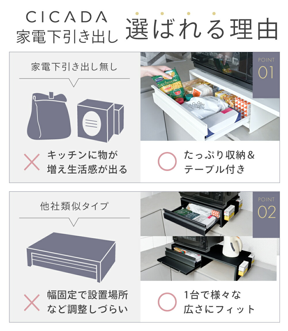 家電下引き出し 家電下スライドテーブル 伸縮 キッチン 家電下収納 家電下 引き出し スライドテーブル 家電下スライド キッチンラック 収納ラック レンジラック 炊飯器 レンジ台 カウンター上 スチール レンジベイカー [ホワイト/ブラック] [CICADA]