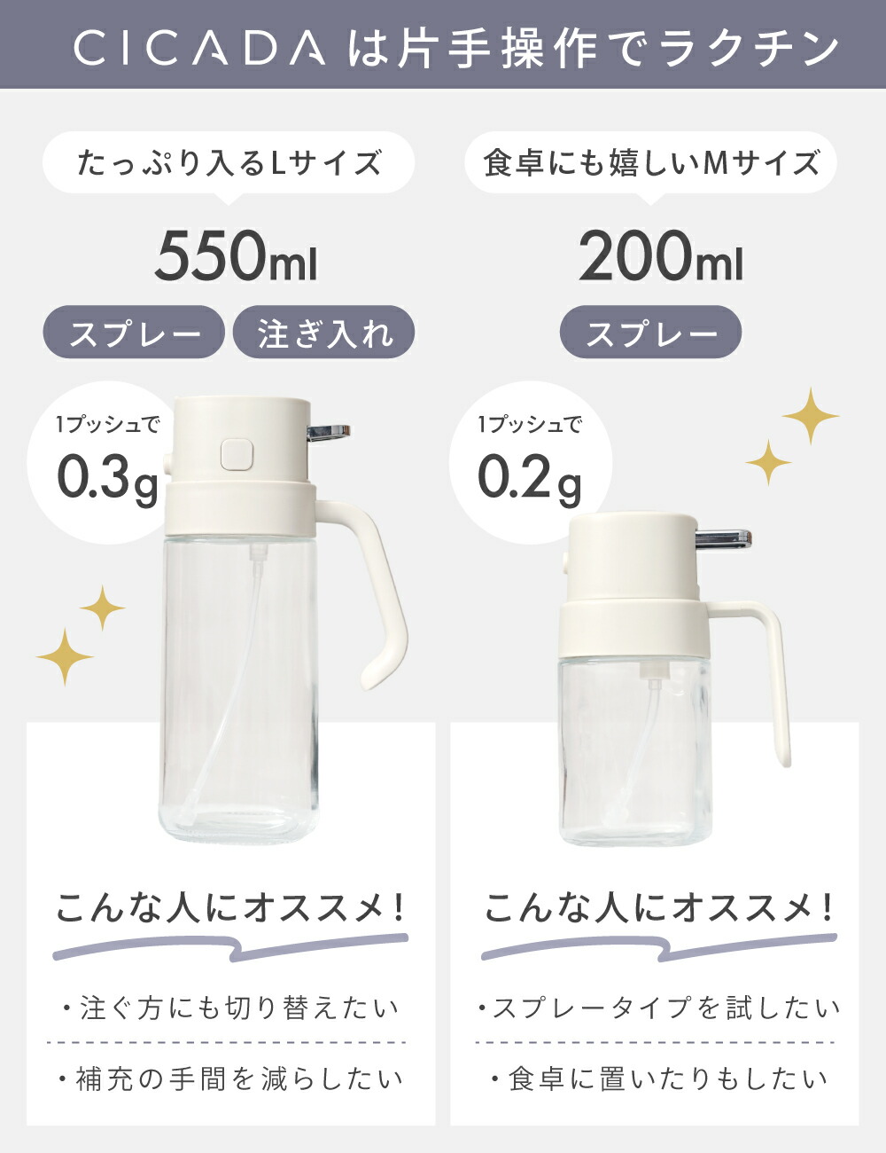 ＼ ブラウン新登場 ／ オイルスプレー 2way ボトル 料理用 遮光 ガラス 550ml 200mlキッチン用 液だれしにくい 油 オリーブオイル スプレー ノンフライヤー 油ポット 霧吹き 油スプレー オイルボトル 油さし ミストスプレー 食品衛生法合格 [M/L] [CICADA]