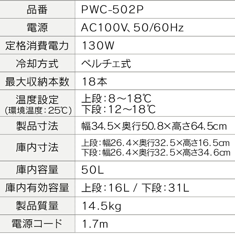 ワインセラー 家庭用 小型 ペルチェ式 18本 アイリスオーヤマ 送料無料 業務用 大容量 50L ミラーガラス タッチパネル 庫内灯 温度管理  ワンドア 2段 お酒 保存庫 保管庫 温度調整 冷蔵庫 新生活 おしゃれ コンパクト PWC-502P-B 0910se 【受賞店舗】