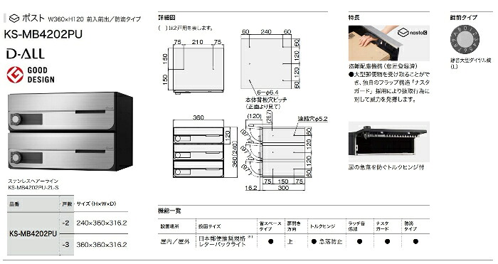 楽天市場 ナスタ 宅配ボックス ポスト プチ宅セット Nasta Tokuchu 100 4世帯用 1列4メール2ボックス メーカー直送 E キッチンマテリアル