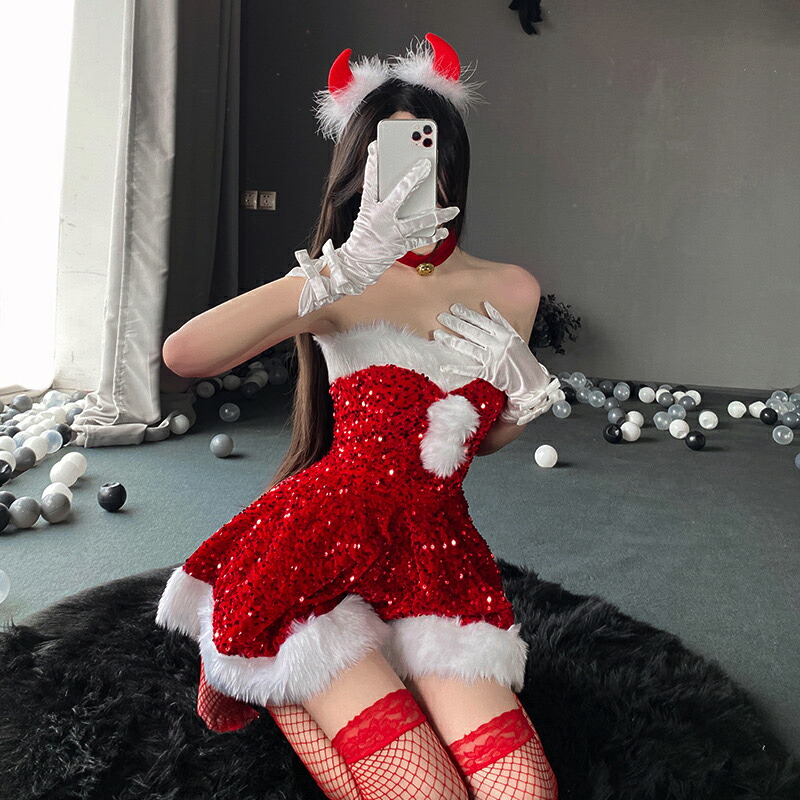 サンタ コスプレ サンタクロース サンタコスチューム レッド 赤 ドレス スパンコール 仮装 イベント べトップ Xmas 女性 クリスマス オフショル コスチューム パーティ 恋 夜職 20代 30代 40代 おしゃれ キラキラ 着痩せ カチューシャ
