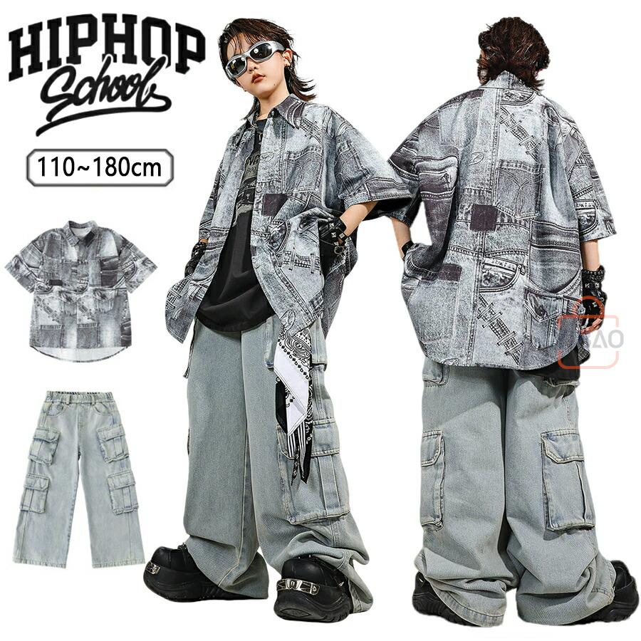 韓国 ダンス 衣装 キッズ 男の子 ヒップホップ ストリート系 オーバーサイズ ワイドカーゴパンツ デニム パンツ B系ファッション ダンス衣装 セットアップ