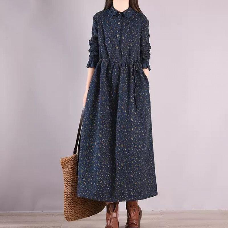 ワンピース レディース 大きいサイズ 秋冬 花柄 Aライン ウエストリボン 長袖 ポロ襟 ミモレ丈 膝下丈 ゆったり 民族風 文芸復古風 コットン混紡 快適 普段使い