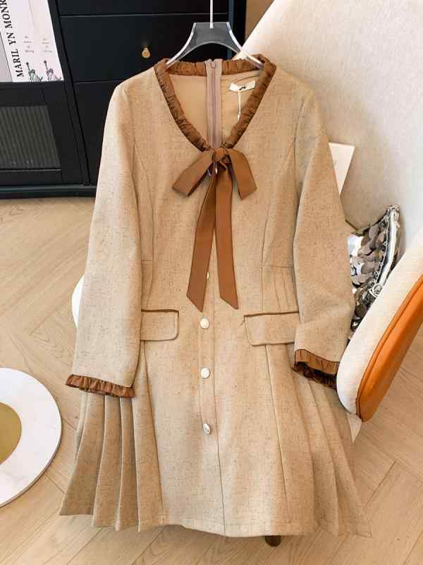 ワンピース レディース 大きいサイズ 長袖 Aライン 無地 百褶 切り替え 普段使い 私服 パーティー 結婚式 二次会 お呼ばれ 立襟 ポリエステル 伸縮性 2XL 3XL 4XL 5XL 6XL 秋冬