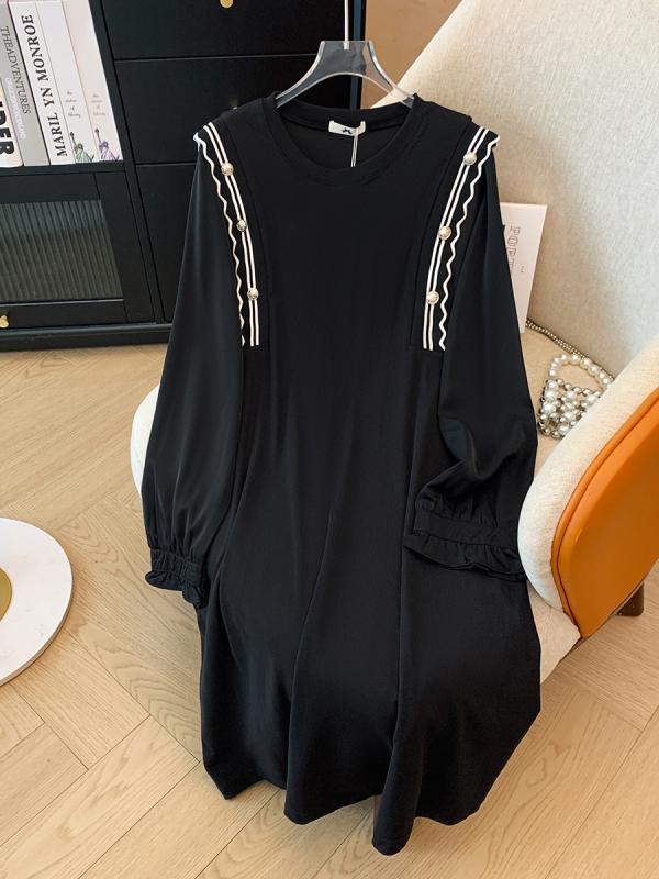ワンピース レディース 大きいサイズ ゆったり 長袖 膝丈 ポリエステル ブラック 無地 プリンセススリーブ 2XL 3XL 4XL 5XL 6XL 気質 通勤 伸縮性