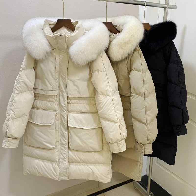 ダウンジャケット レディース ミドル丈 秋冬 韓国風 スリム 厚手 ラクーンファー 私服名媛 ブラック オフホワイト カーキ S M L｜イーマイショップ