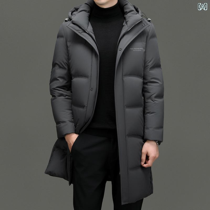 羽?服 メンズ 成人男性用 中綿入り口・入口 ボンネット付き添い人 アウター 上衣 厚地の外套 防寒 生あたたかい 黒いこと 薄墨色 秋冬