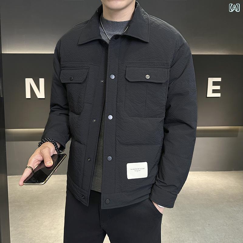 ダウンジャケット 男性用 襟付き カジュアルジャケット アウター 防風 防寒性 暖かい 韓国風 ポリエステル ブラック ブラウン ホワイト 秋冬|イーマイショップ