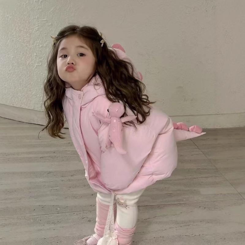 子供服 ダウンジャケット ベビー キッズ 肩出し 恐竜デザイン コットン アウター 冬服 韓国風 男の子 女の子 中綿 厚手 長袖 かわいい ゆったり 防寒 80cm 90cm 100cm 110cm 120cm 130cm ピンク系