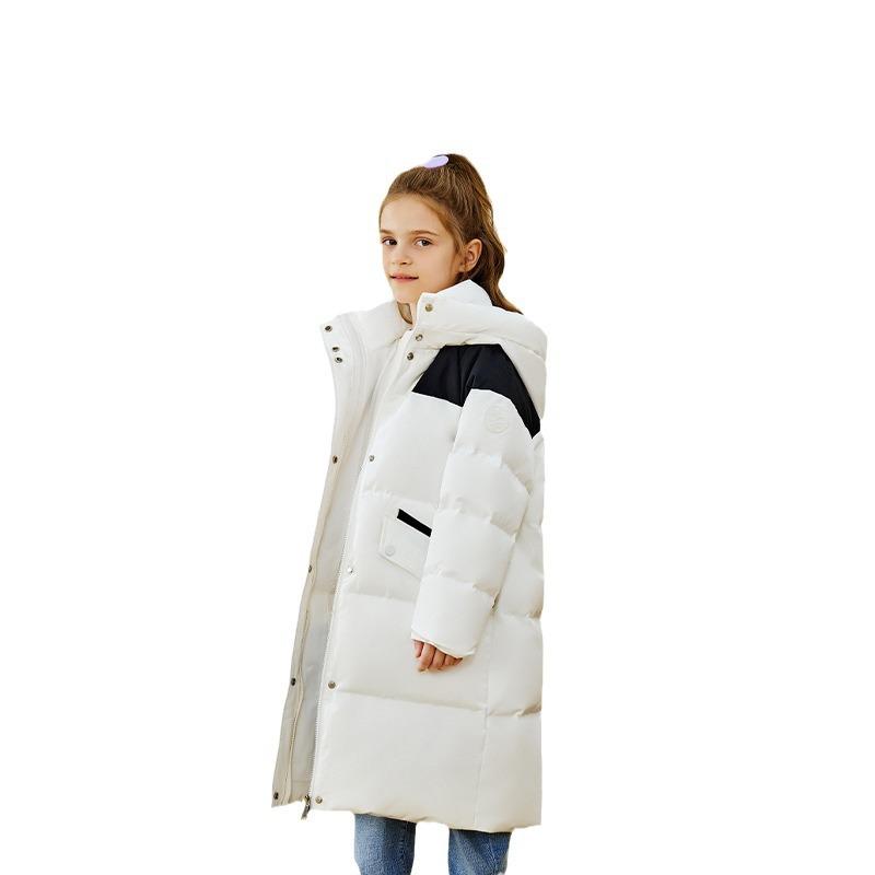 小わっぱ服 羽根上衣 ガールズ 秋冬 白ダックダウン アウター 防寒 撥水 中綿入り口・入口 ボンネット付き添い人 ロング丈 ゆったり ポリエステル 無地 愛くるしい 流行り 普段着 お出かけ コート・ジャケット-キッズファッション-キッズ・ベビー・マタニティ