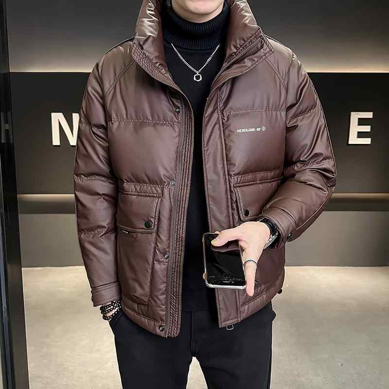 ダウンジャケット 男性用 アウター トップス 秋冬 防寒 暖かい 立襟 プリント柄 カジュアル スポーティ ブラック グリーン レッド|イーマイショップ