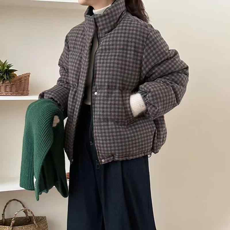 ダウンジャケット レディース 韓国風 レトロ チェック柄 ショート丈 冬服 2024 立襟 厚手 ピンク系 ブラウン系 ネイビー系 ゆったり 長袖 アウター
