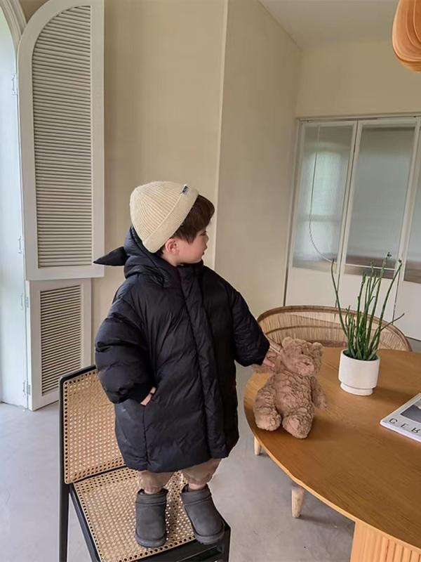 子供服 ベビー 中綿入りジャケット 男女兼用 秋冬 白ダックダウン アウター ジャンパー 中長丈 無地 フード付き 80cm 90cm 100cm 110cm 120cm 130cm 140cm 150cm