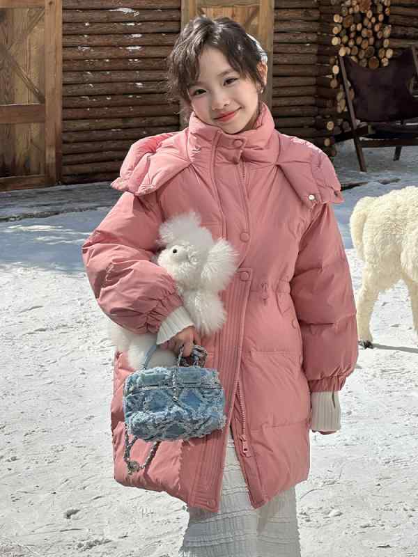 子供服 ダウンジャケット ガールズ 中綿 コート フード付き アウター 中長丈 ゆったり 120cm 130cm 140cm 150cm 160cm 170cm 芍薬ピンク ヘイリーブルー 冬