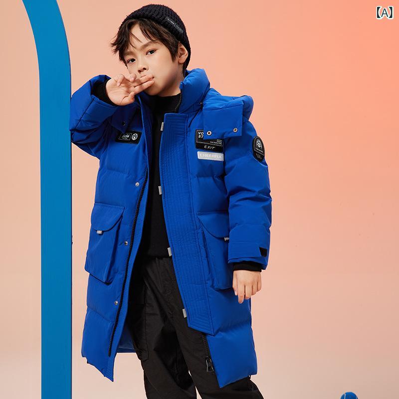 赤ちゃん服 落ち込む上衣 御坊っちゃん 中綿 厚地の外套 アウター ボンネット付き添い人 朦々たる 防寒 撥水製作 ロング丈 ボーイズ キッズ 120 130 140 150 160 秋冬 宝藍色 米色 黒いこと 薄墨色 赤いこと