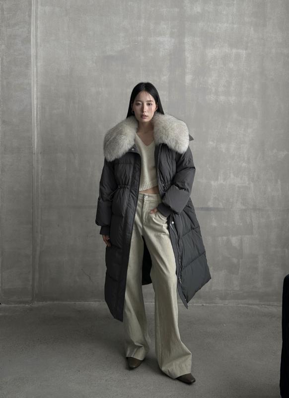 ダウンジャケット レディース 韓国風 白ダックダウン フォックスファー襟 ウエストシェイプ ミドル丈 アウター グレー カーキ アプリコット ゆったり 普段使い 長袖 90～160斤 ポリエステル