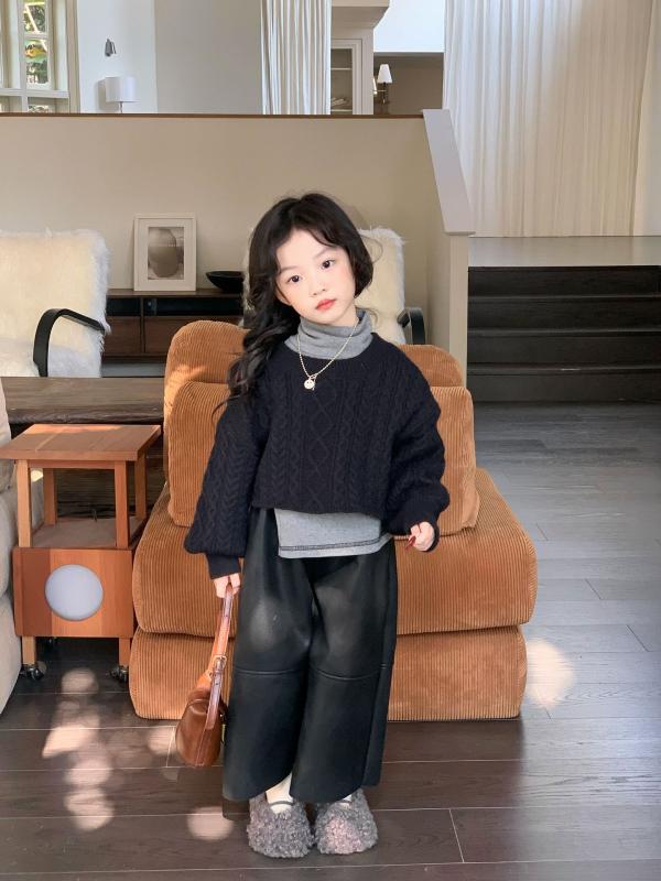 ニット セーター 子供 女の子 秋冬 韓国風 丸首 厚手 あったか かわいい おしゃれ レトロ ケーブル編み トップス 通園 通学 普段着 グレー ブラック系