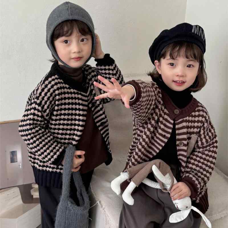 子供服 ニット カーディガン 秋冬 ベビー ボーイズ ガールズ ストライプ 丸首 長袖 柔らかい 伸縮性 男の子 女の子 普段使い 部屋着 保育園 幼稚園 80cm 90cm 100cm 110cm 120cm 130cm 140cm