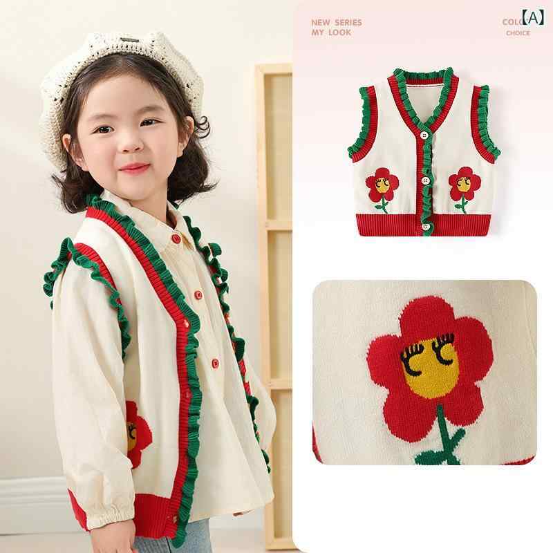 ニット ベビー キッズ 春秋 ベスト 子供服 男の子 女の子 コットン ノースリーブ カーディガン 韓国風 かわいい アニマル柄 花柄