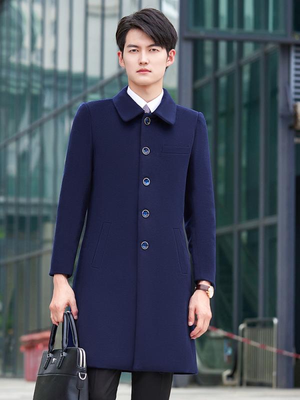 コート 男性用 ウール テーラード 厚手 ロング丈 ビジネス フォーマル 制服 ユニフォーム 警備員 オフィス 受付 紺色 黒色