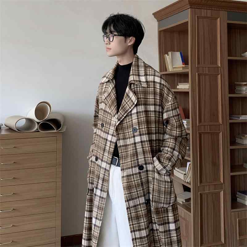 コート メンズ 格子柄 タータンチェック ウールブレンド ミドル丈 ゆったり オーバーサイズ 秋冬 カーキ系 グリーン系 8,929円