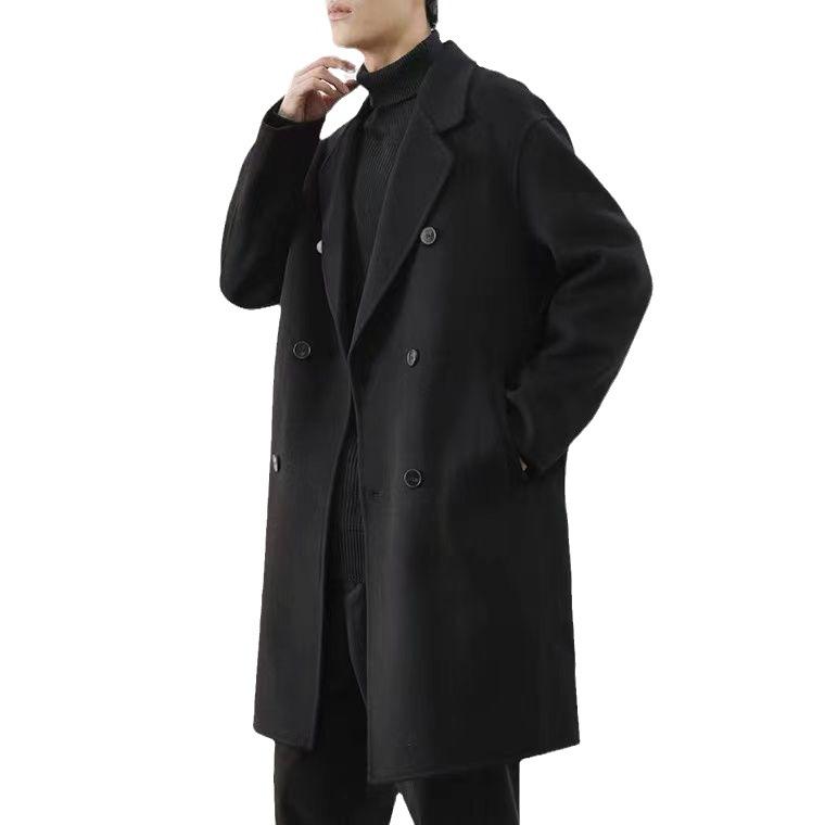 コート メンズ 男性用 ウール ダブルブレスト ゆったり 春秋 カジュアル 黒 ブラック 70% ポリエステル 繊維 テーラード
