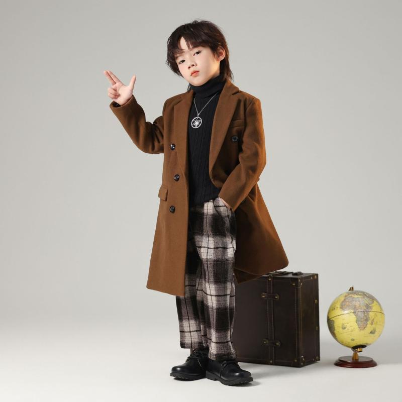子供服 ジャケット 男の子供用ウインドブレーカー ロング丈コート ダブルブレスト ポリエステル 秋冬 韓国風 ブラウン ブラック レッド