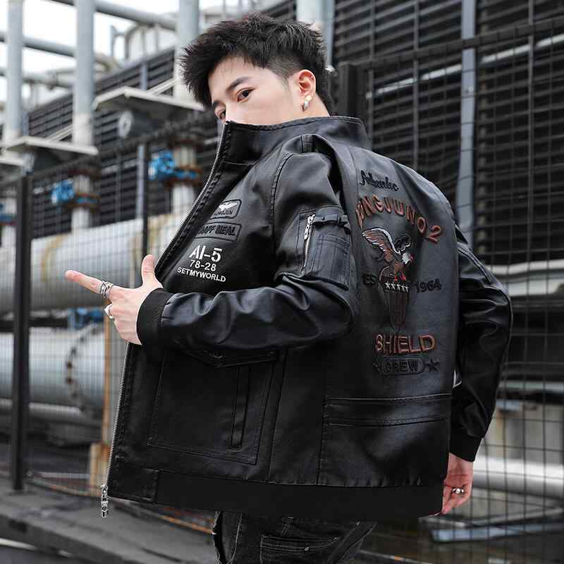 ジャケット 男性用 レザージャケット ダブルブレスト 立ち襟 ゆったりサイズ PUレザー ブラック コーヒー色 フェイクレザー｜イーマイショップ