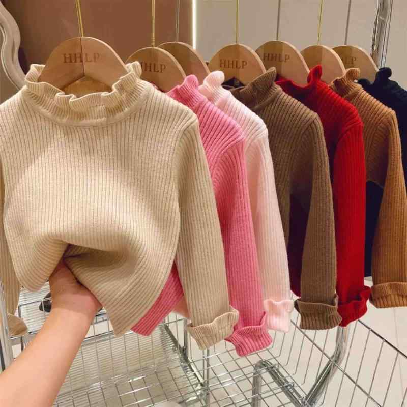 ニット/セーター 子供服 女の子 ニットトップス カットソー 長袖 秋 高 Col ネック 木耳 フリル 無地 綿100％ 80 90 100 110 120 130 140 ピンク系