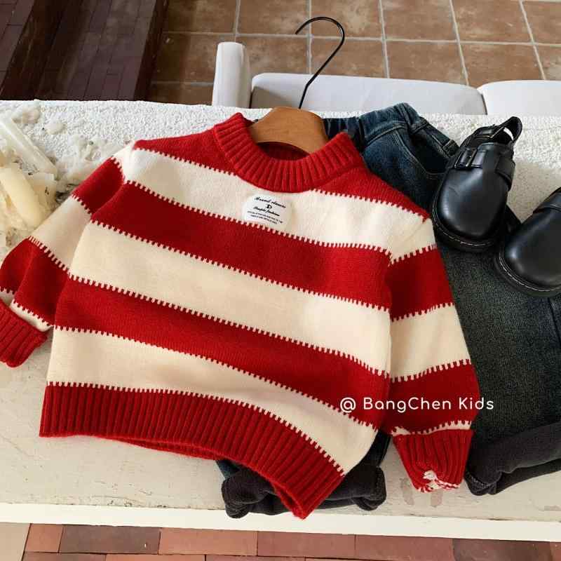 ニット 子供服 男の子 ニットトップス 防寒着 冬服 長袖 セーター カットソー ボーダー柄 レッド系