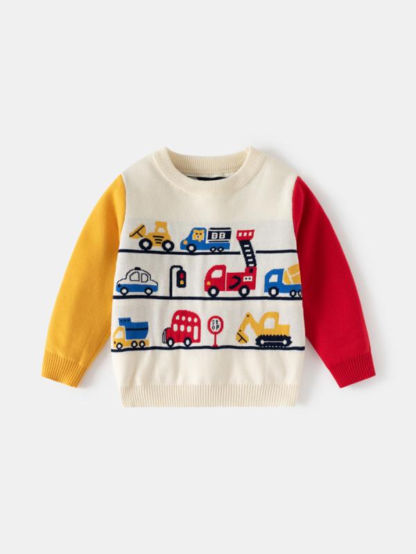 子供服 ニット 男児 トップス 長袖 コットン カートゥーン 車柄 丸首 厚手 秋冬 保温 幼稚園 小学生 通園 普段着